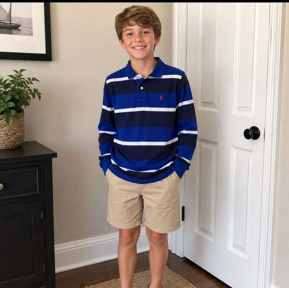 Polo Ralph Lauren Boys XL 18-20 Long Sleeve Rugby Shirt Blue Stripe Red Pony